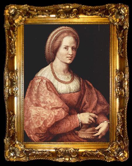 framed  Jacopo Pontormo Portrat einer Dame mit Spindelkorbchen, ta009-2